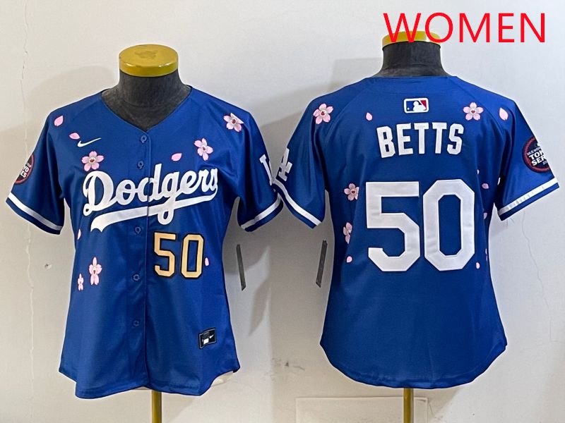 Women Los Angeles Dodgers #50 Betts Blue Sakura Edition 2025 Nike MLB Jersey style 6